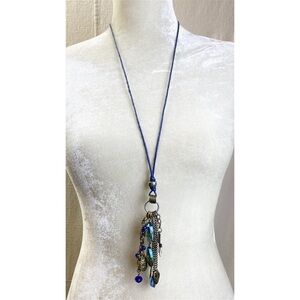 Necklace Long Charm Mythologie, skull, cross, Blue AB crystal beads